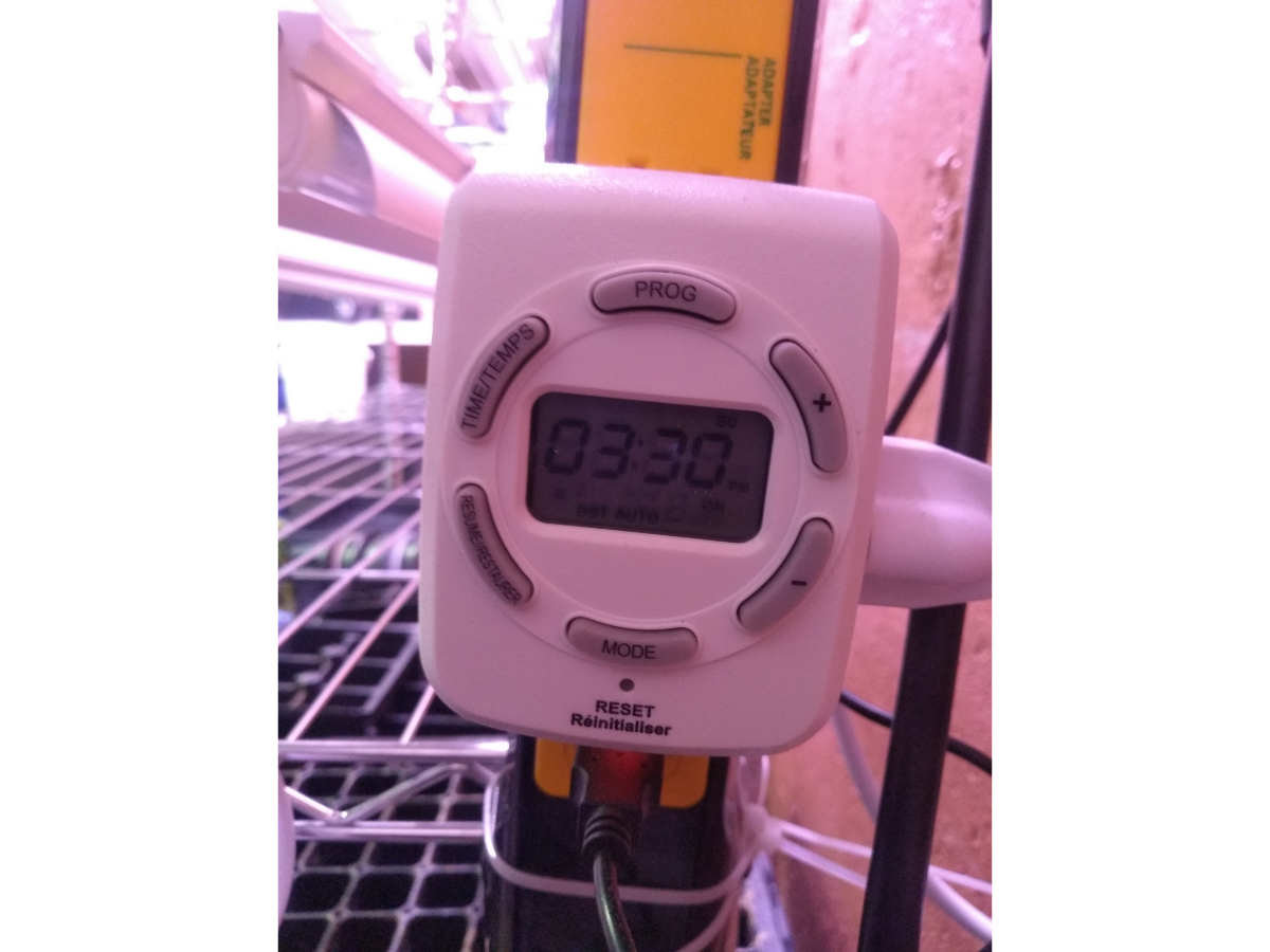 Programmable timer for running grow lights. Plugged into power bar.